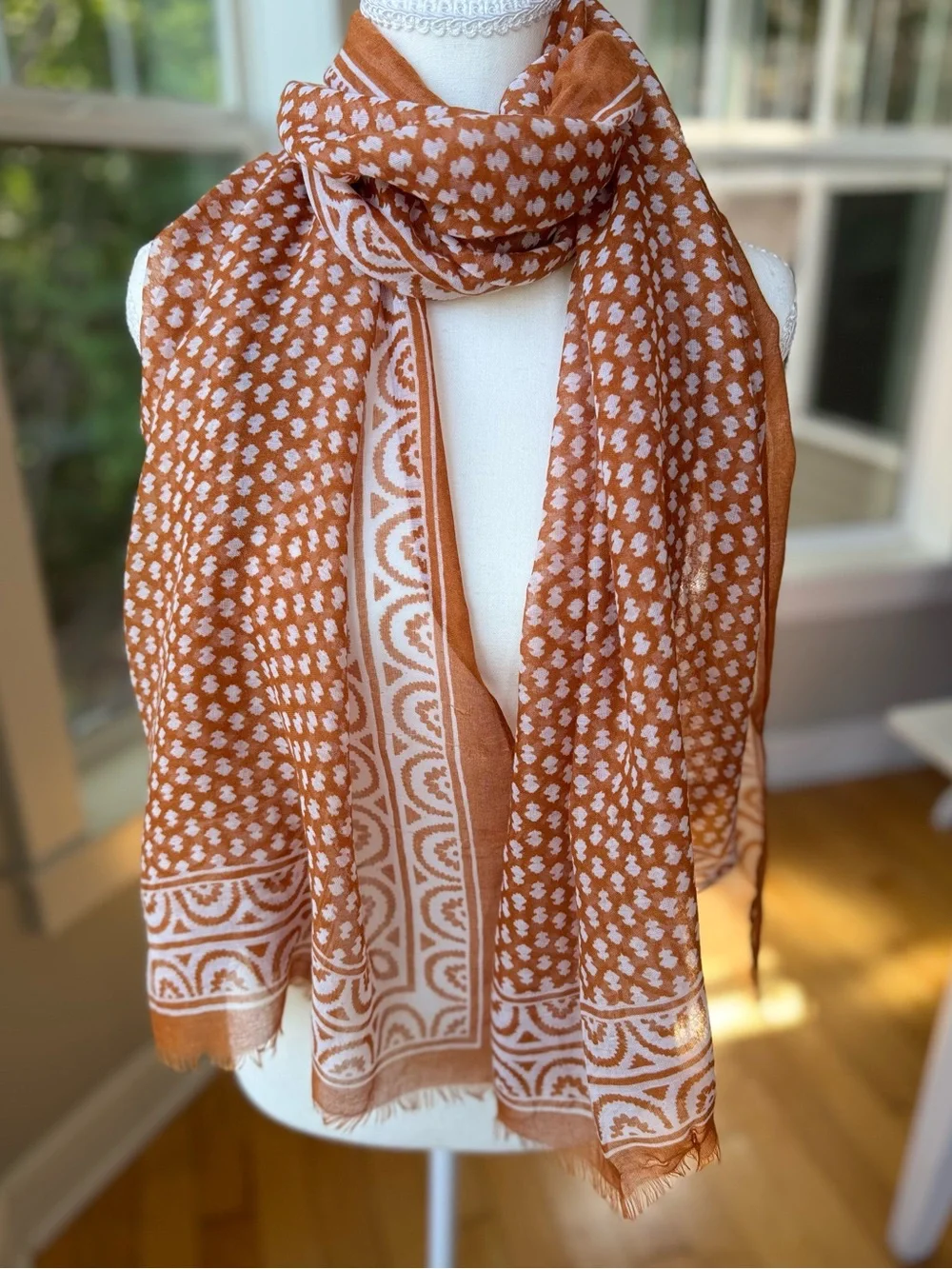 Vintage Orange and White Patterned Rectangle Wrap Scarf with Fringe